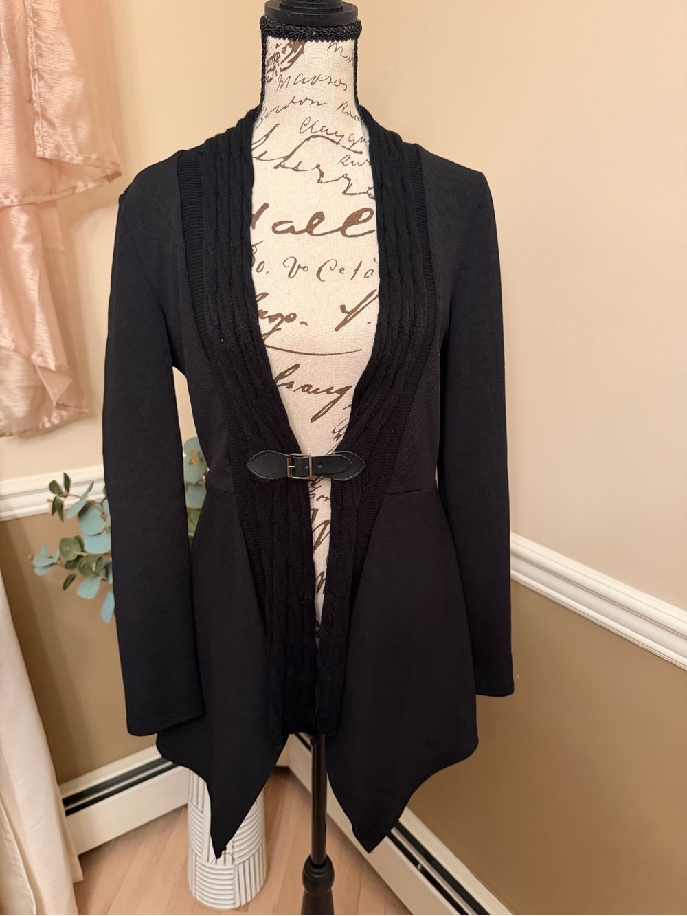 Black Open Front Knit Cardigan Sweater Jacket Draped Collar /medium